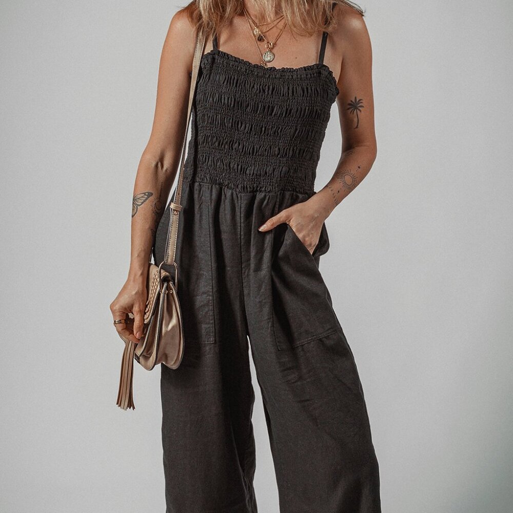 B249 Black Spaghetti Straps Shirred Bodice Pocketed Wide Leg Jumpsuit
